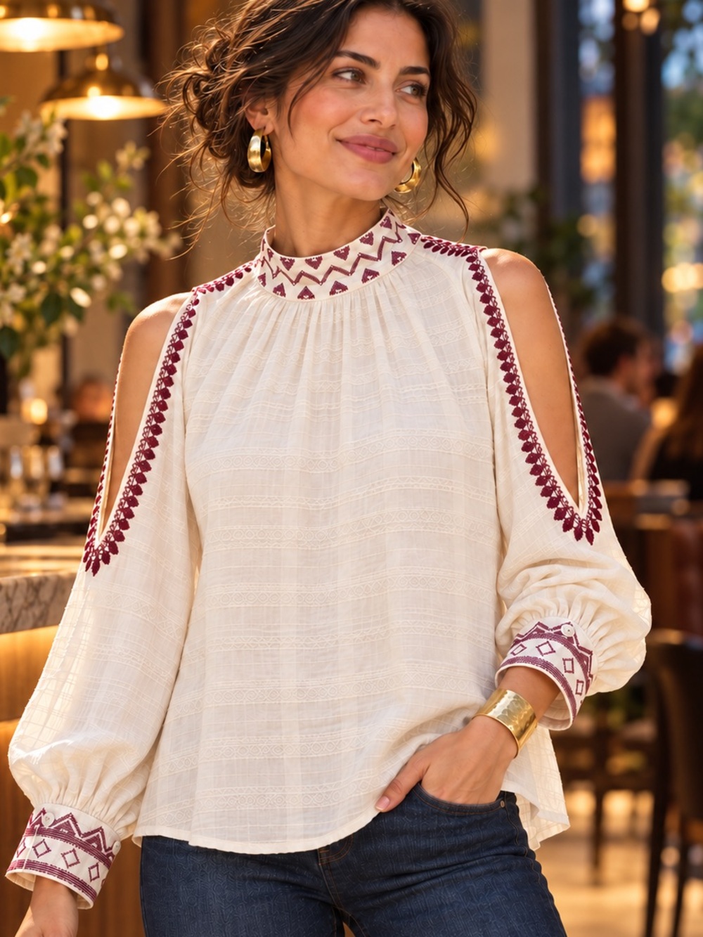Maeve Anthropologie Magda Open-Shoulder Embroidered Blouse Cream S